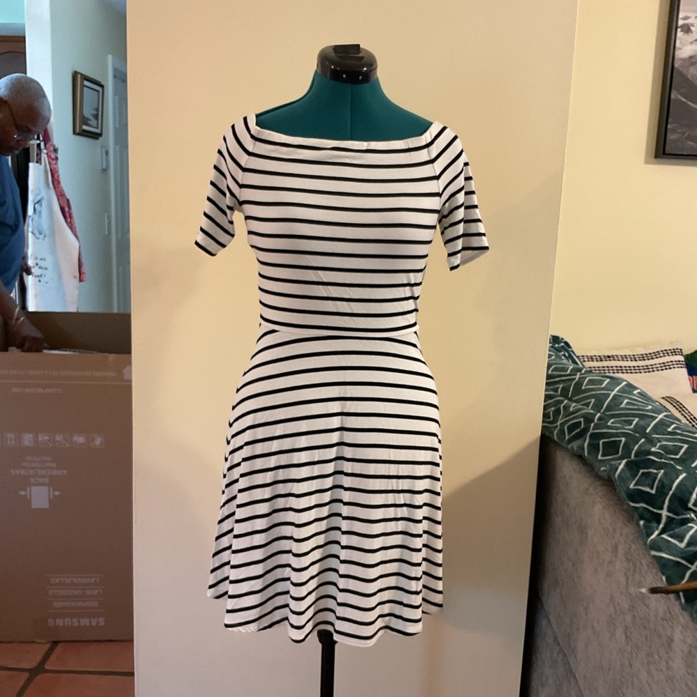 White House Black Market Black and White Striped Midi Dress